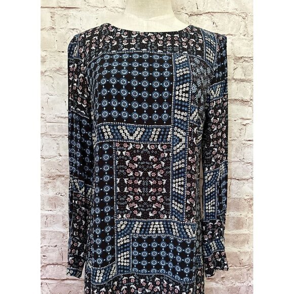 LOFT Womens Shift Dress Size 2 Black Blue Patchwork Ditsy Floral Long Sleeve - Picture 2 of 4